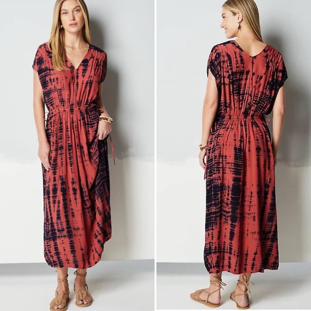 J Jill Purejill Elements Tie-Waisted Tie Dye Maxi Dress V-Neck
